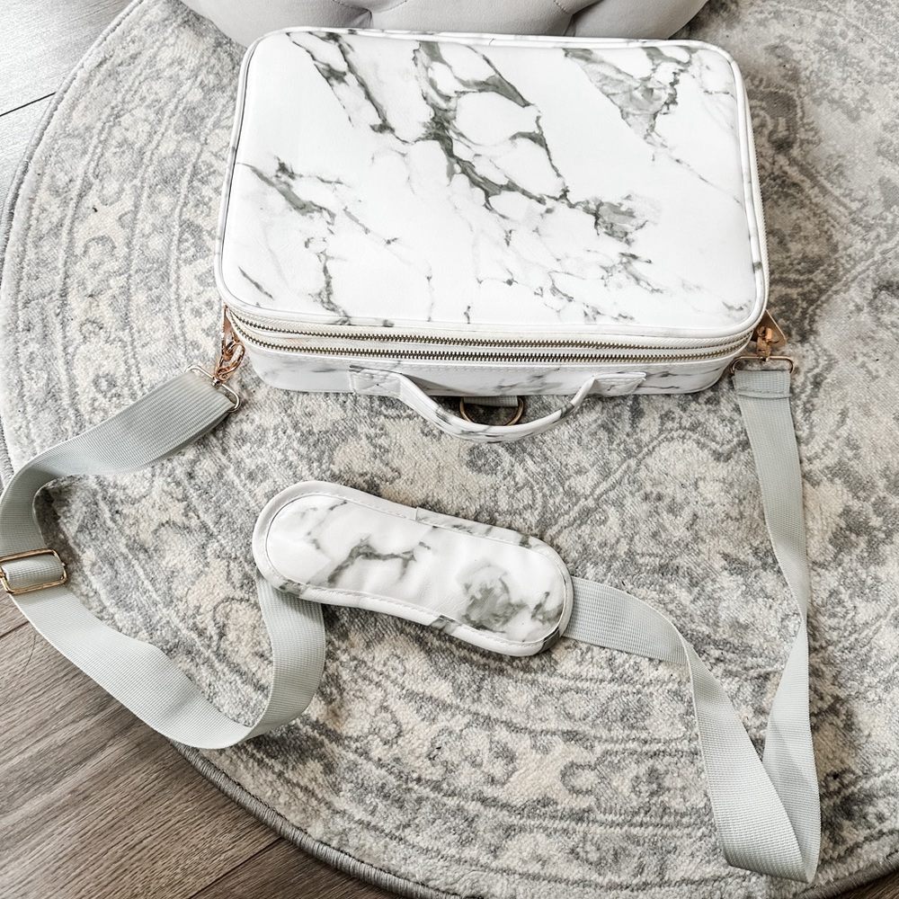 JOURMON Marble Makeup Case 3 Layers Travel Makeup Train Case - shoulder strap